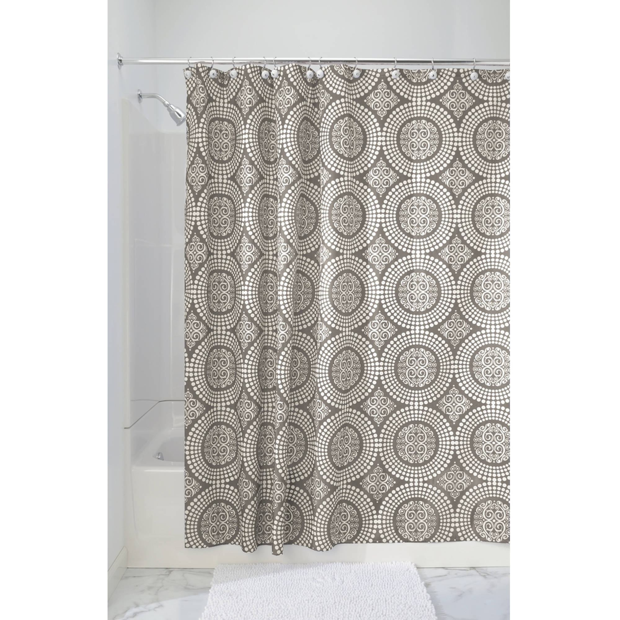 InterDesign Medallion Fabric Shower Curtain, Standard 72" x 72", White
