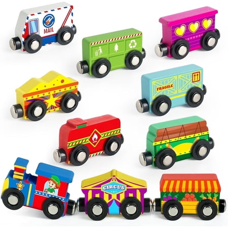 Vanmor Wooden Magnetic Train Set for Kids 10-Piece Educational Toy Cars with Magnets Includes Storage Bag Skill-Building Wooden Trains for Boys & Girls for Kids 3-5 and 4-8 Years