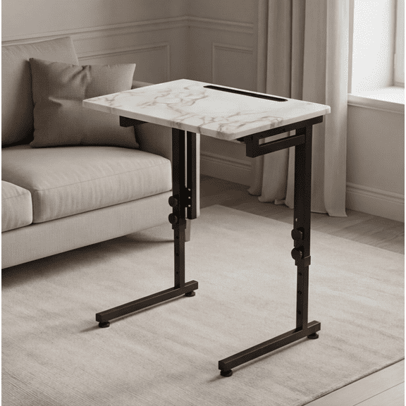 Folding C-Shaped TV Tray Table with Marble Finish, Adjustable Slide Under Couch Side Table for Eating, No Assembly Needed
