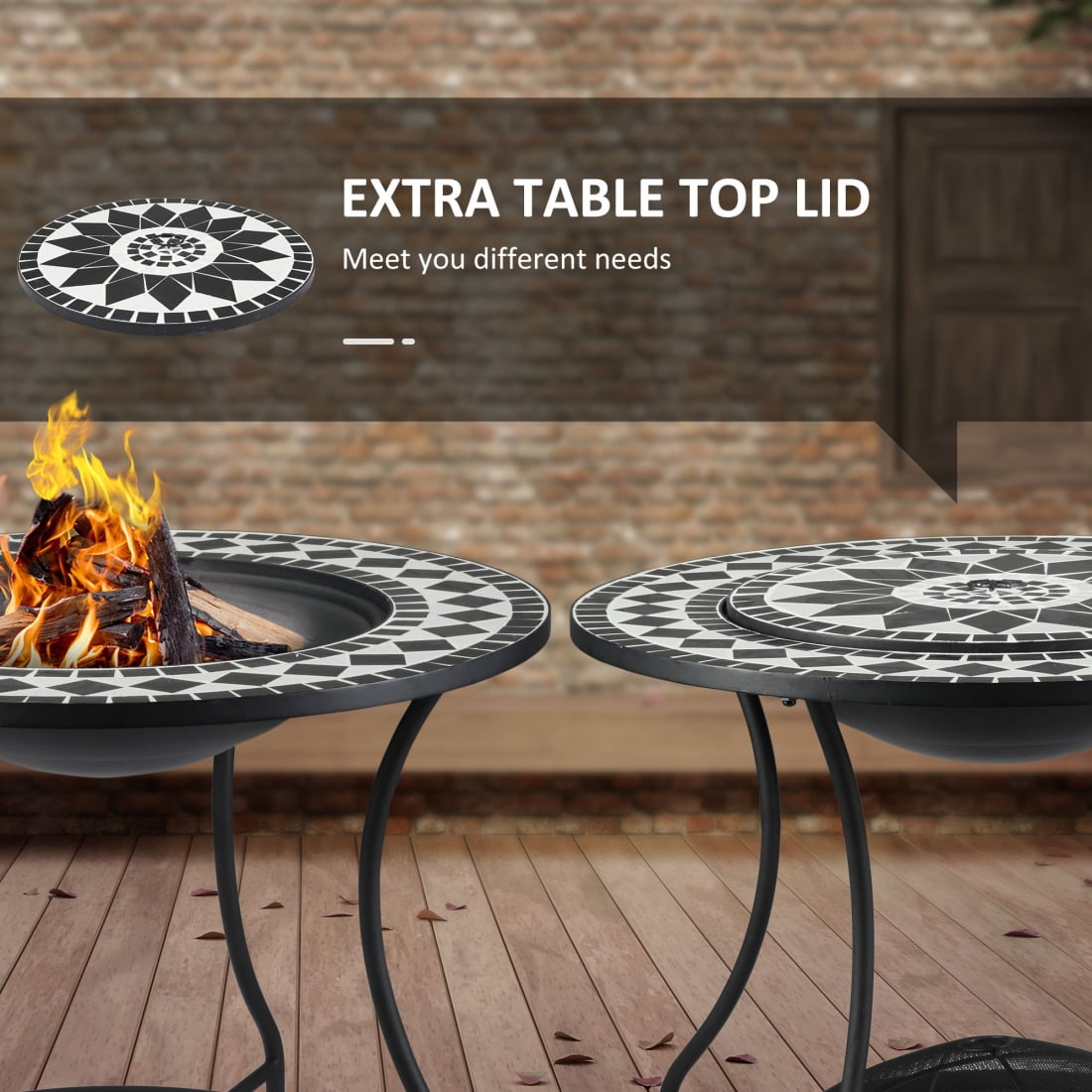 30 Inch Outdoor Fire Pit Dining Table with Wood Burning Bowl, Ice Bucket and Storage Shelf, Spark Screen Cover for Patio, Backyard BBQ and Camping