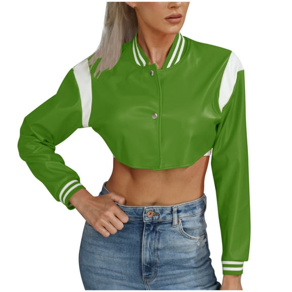 tklpehg Womens Jackets and Coats Fall Leather Jacket Baseball Short Coat Long Sleeve Loose Fall Coat Leisure Overcoat Solid Color Outwear Green M