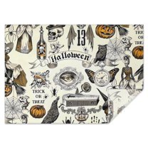 Beige Halloween Skull Pumpkin Pattern Rectangle Tablecloth 60"x84",Waterproof Polyester Rectangle Table Cloth, Wipeable Spillproof Polyester Tablecloth for Dining, Camping, Indoor and Outdoor