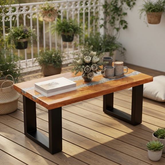 Demi Bonn 40" Teak Wood Patio Table with River Feel Epoxy Tabletop, Modern Outdoor Dining Table, Perfect for Small Space, Brown