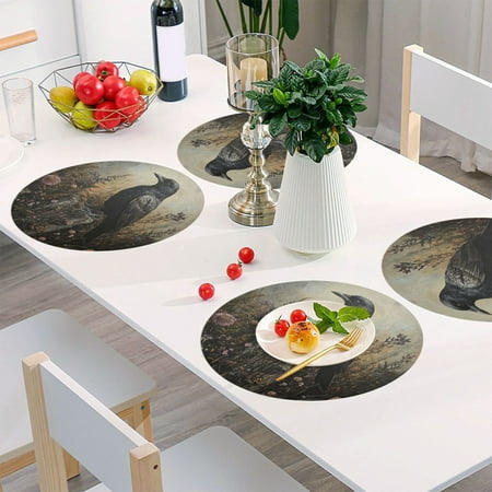 

Round Grid Placemat One Sizex6 Round Placemat PVC Plate Mat，15.4 Inch Non-Slip and Heat Resistant Table Placemat Dining Room Placemat The Black Bird Pattern