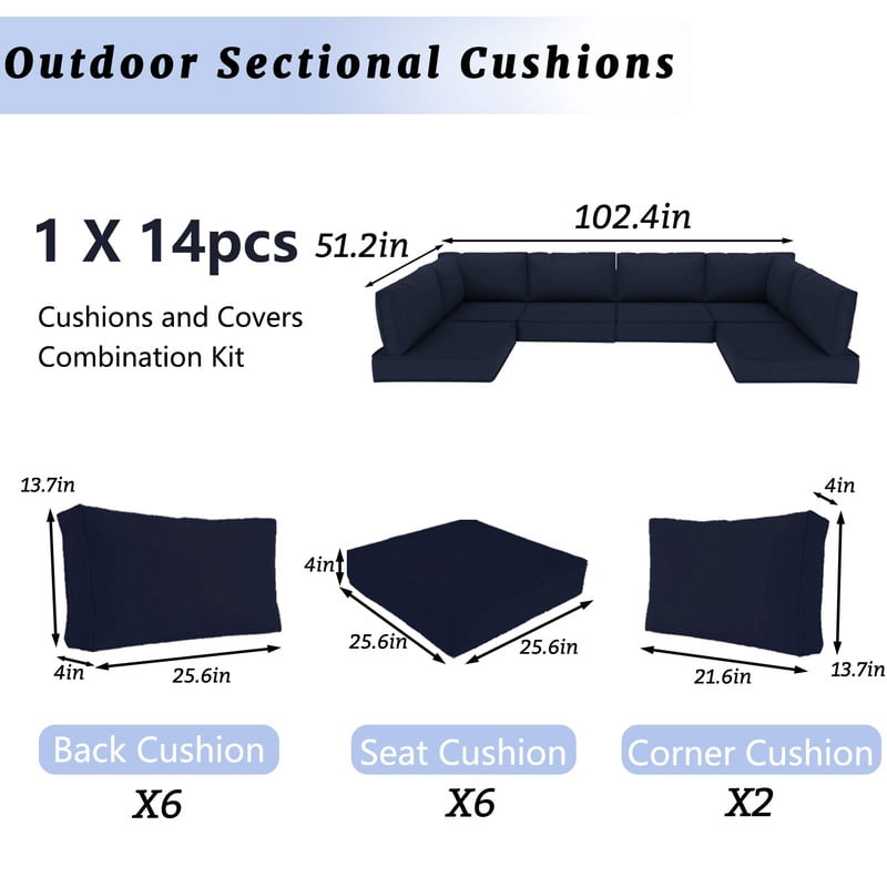 SDJPOI Patio Furniture Sectional Cushions, 14 Piece Waterproof Outdoor Sofa Cushion Replacement(navy blue)