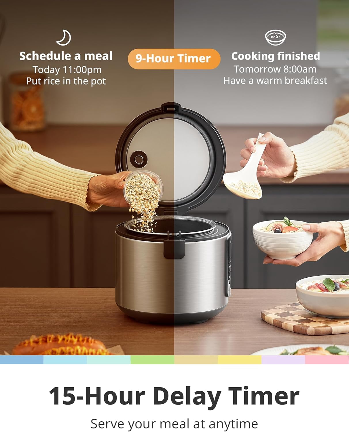 Compact Rice Cooker 6-in-1 Multi Cooker Stainless Steel Slow Steamer Saute Warmer 2QT 8 Cups Brown Quinoa Oatmeal