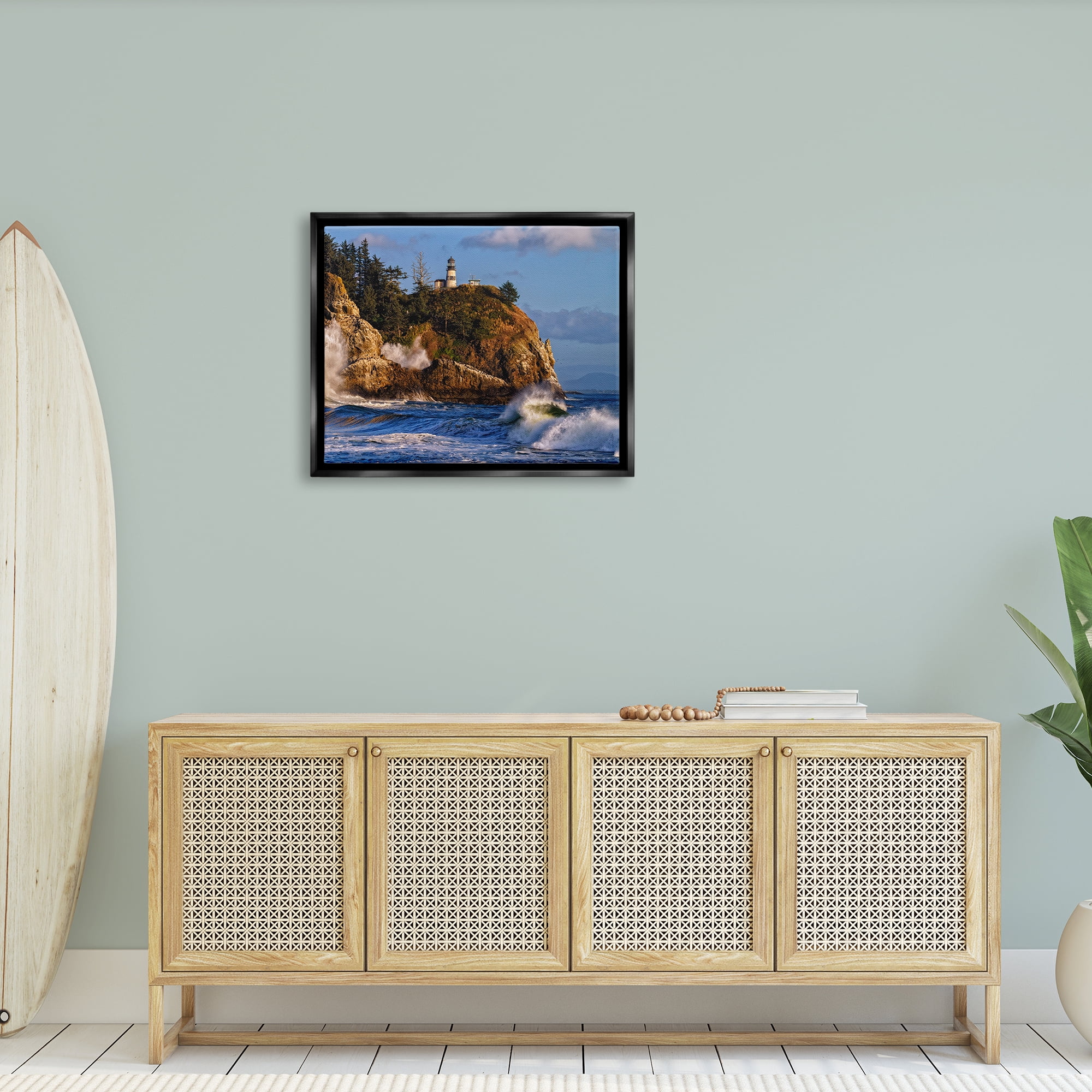 Stupell Rolling Sea Waves Lighthouse Cliff Landscape Photography Black Floater Framed Art Print Wall Art