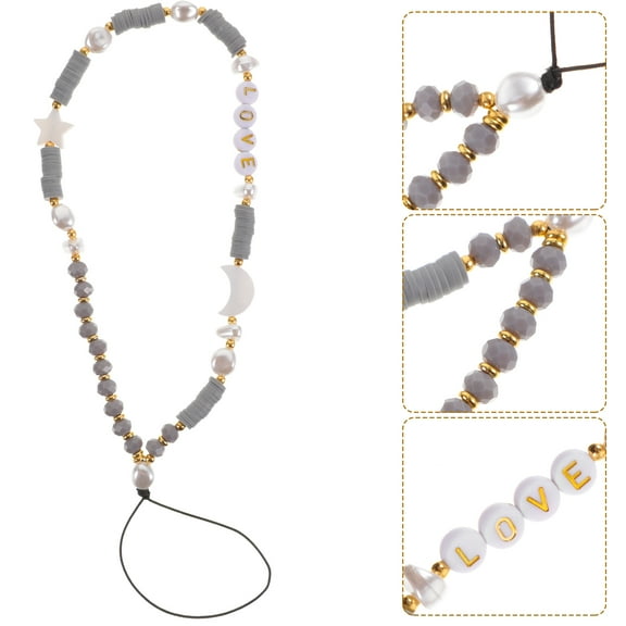 MUSEYA Grey Beaded Phone Charm Strap with Moon Star Design Wristlet for Phone Security