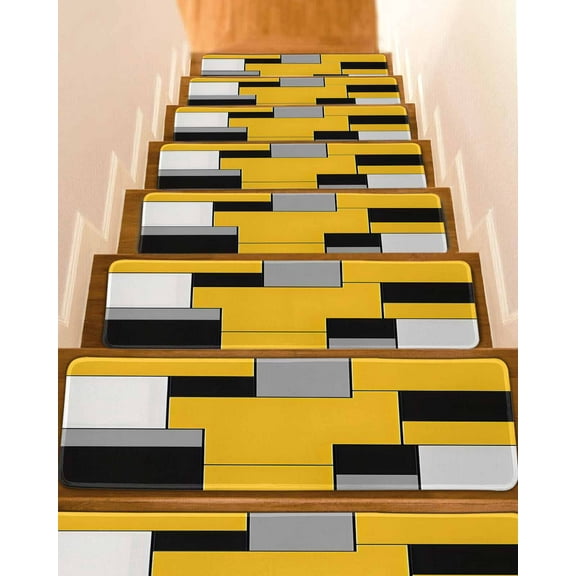 Yellow Abstract Stair Treads for Wooden Steps Indoor Runner Rug Carpet, Geometric Grey Black White Lattice 7 Pieces Peel and Stick Staircase Step Treads Covers Washable Throw Door Mats, 30"x8"