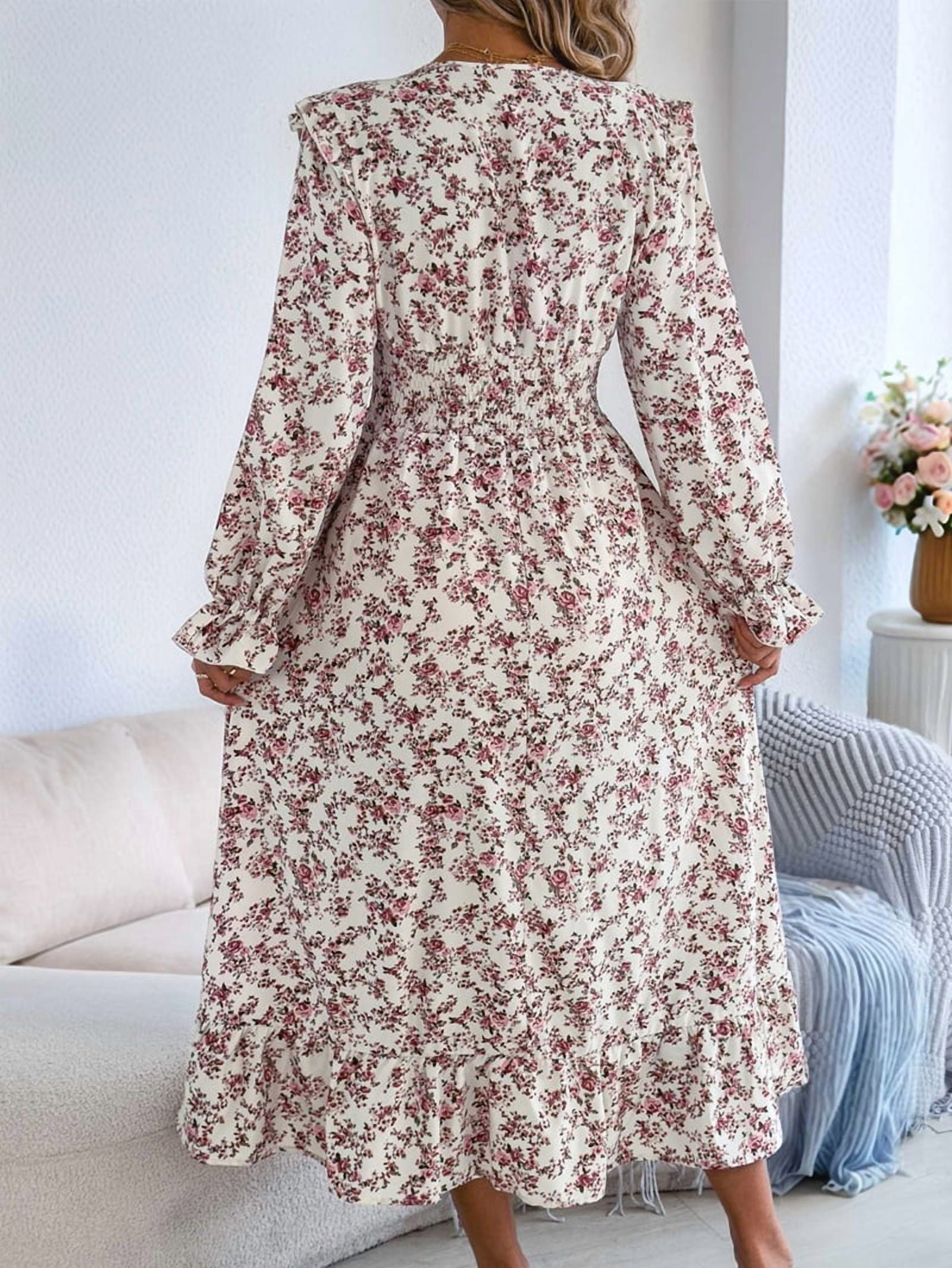 Women'S Long Sleeve Floral Print V-Neck Ruffle Hem Maxi Dress Shirred Waist White S