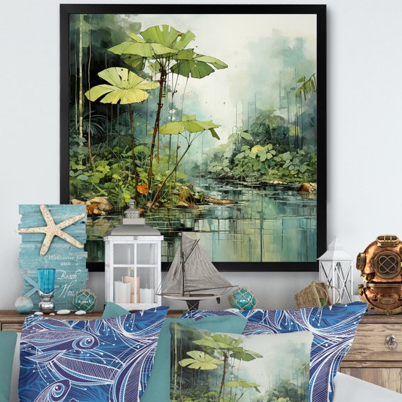 Designart "River in the Tropical Jungle II" Coastal Framed Wall Art Decor - Coastal Green Coastal Tropical Bedroom Framed Canvas Wall Art