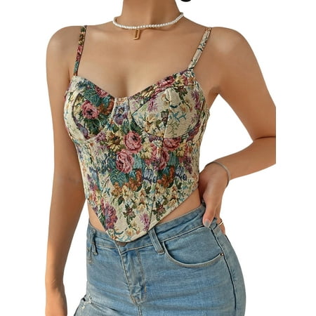 

Jxzom Women Sexy Corset Top Sleeveless Spaghetti Strap Floral Camisole Vintage Push Up Bustier Bodysuit