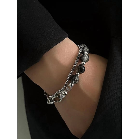 Silver Tone Double Layer Chain Beaded Bracelet For Adults