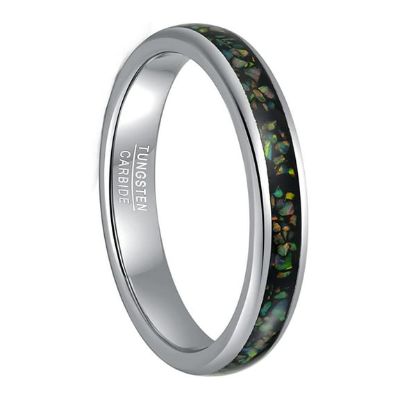 VAKKI 4mm Black Tungsten Rings Inlaid with Crushed Created Opal Wedding Engagement Band for Men Women Silver Edge Size 4-12