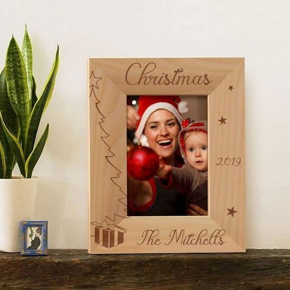 Personalized Merry Christmas by Year Wooden Picture Frame 3 1/2" x 5" Brown (Vertical)
