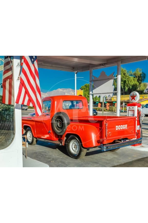 Red Dodge Pickup truck parked in front of vintage gas station in Santa Paula, California, Transportation Unframed Photographic Print Wall Art Sold by Art.Com