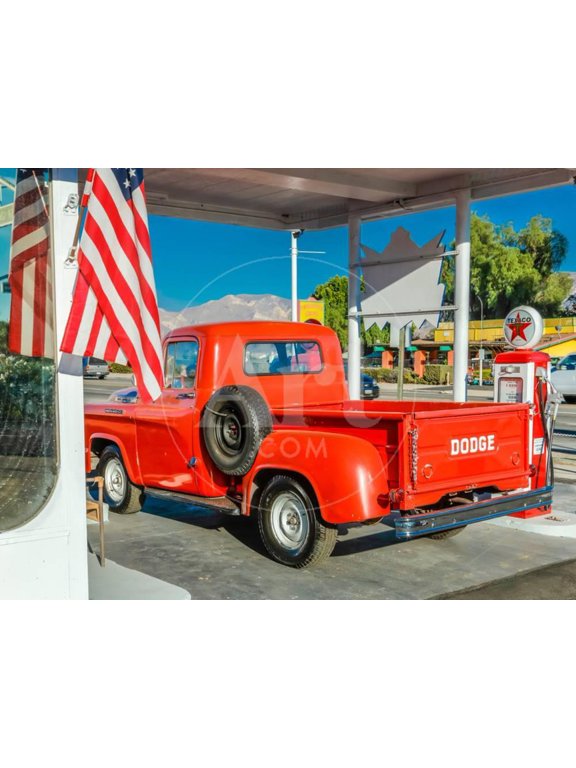 Red Dodge Pickup truck parked in front of vintage gas station in Santa Paula, California, Transportation Unframed Photographic Print Wall Art Sold by Art.Com
