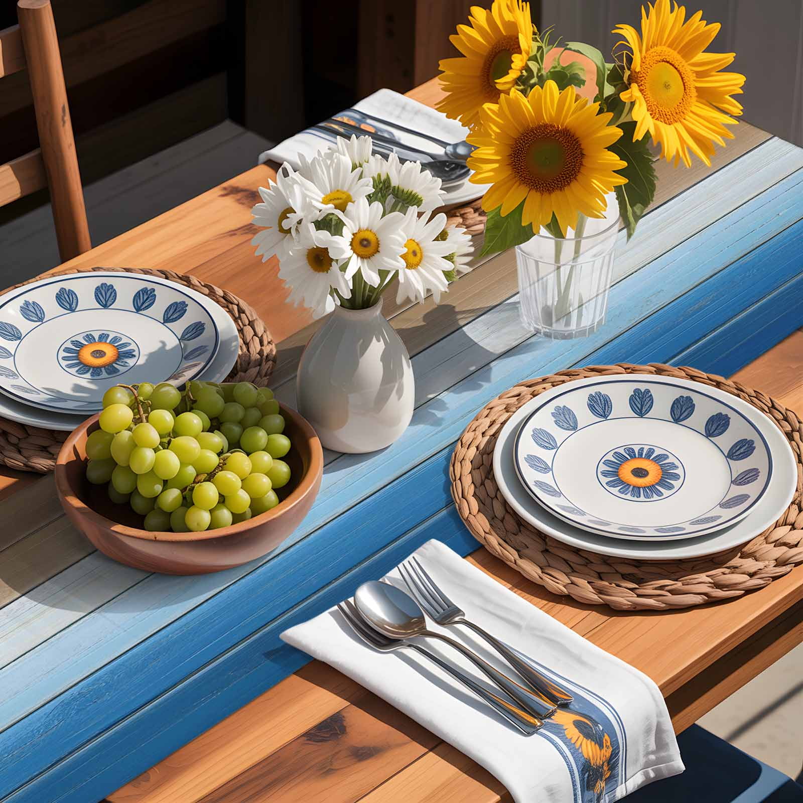Blue Brown Cotton Linen Table Runner for Dining Kitchen, Gradient Wood Grain Farmhouse Country Wedding Outdoor Party Tablerunners Decoration, Dresser Scarf Coffee Tablecloth Runners 13x48 Inches