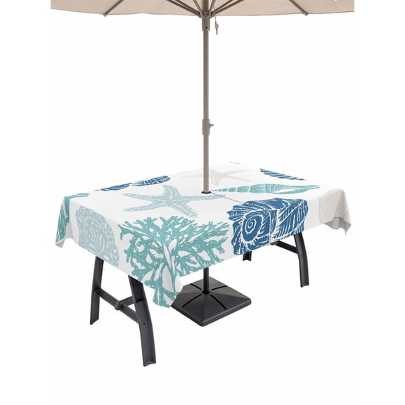 Outdoor Tablecloth with Umbrella Hole for Patio/Picnic/Party/Camping, Blue Coastal Waterproof Table Cloth Rectangle Table Cover Washable, Starfish Shell Coral Summer Beach Ocean (52"x 70")