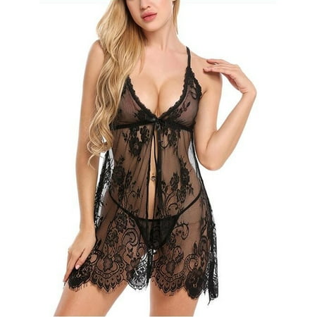

Ma&Baby Women Lingerie Set See Through Babydoll Nightdress Thong Underwear Sleepwear