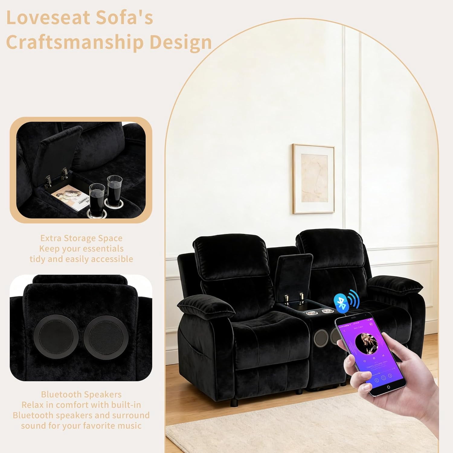 Electric Reclining Loveseat Sofa with 8-Point Vibration Massage, Bluetooth Speakers, Storage Console and Cup Holders for Living Room & Home Theater(Black, Loveseat)