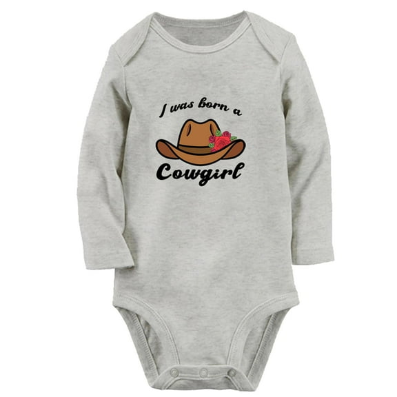 iDzn I Was Born A Cowgirl Funny Rompers, Newborn Baby Unisex Bodysuits, Infant Jumpsuits, Toddler Kids Long Sleeve Oufits (Gray, 0-6 Months)