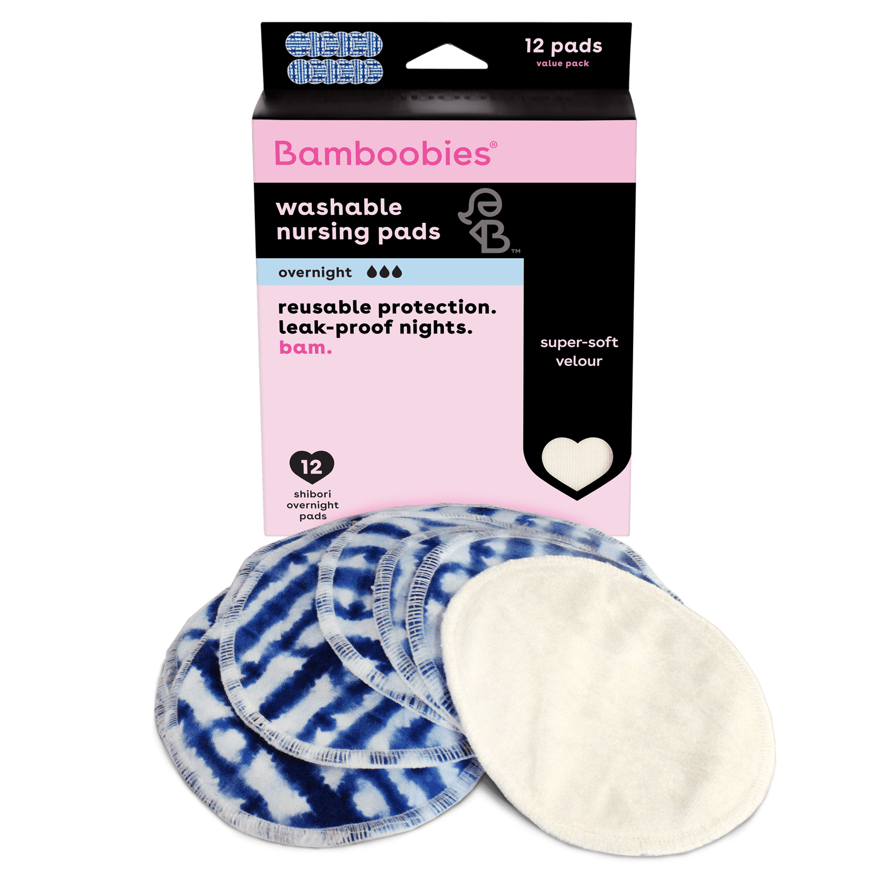 Bamboobies Washable Overnight Nursing Pads for Breastfeeding, Shibori