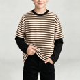 thumbnail image 2 of NEBWOAK Boys Striped Long Sleeve Top, Fake Two-Piece Contrast Sleeve Crewneck Sports Tee for Fall,Khaki, Size 12, 2 of 8