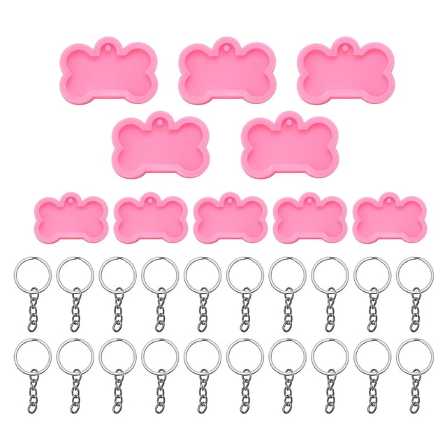 Moldes de silicona de resina con forma de hueso de perro, 10 piezas de moldes de resina epoxi con forma de placa de identificación para perro con 20 piezas de llaveros para mamá rosa