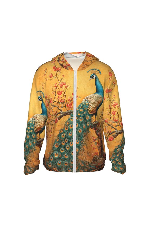 Women Men Sun Protection Hoodie Jacket Zip Long Sleeve Shirt Hiking Outdoor , Retro Chinoiserie Oriental Peacock
