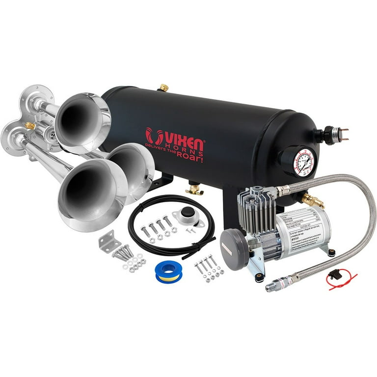 Vixen Horns Train Horn Kit for Trucks/Car/Semi. Complete Onboard System-  150psi Air Compressor, 1 Gallon Tank, 6 Trumpets. Super Loud dB. Fits