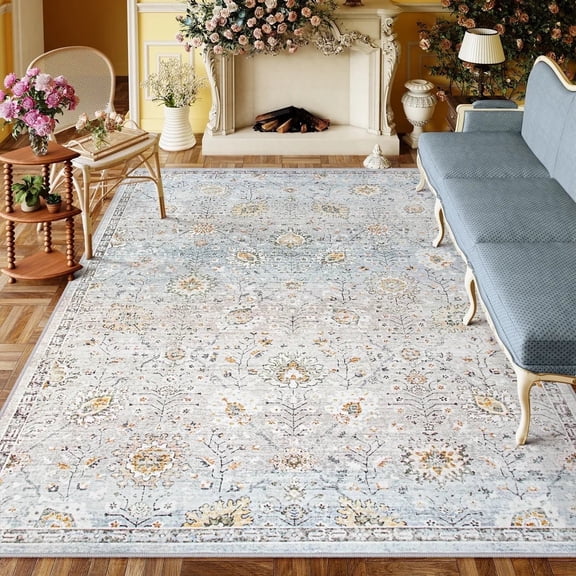 Wonnitar 8'x10' Gray Boho Area Rug, 8x10ft Rugs for Bedroom Girls Large Living Room Area Rugs Soft Floral Playroom Rug, Washable Rugs Non Slip Pastel Rug for Bedroom Living Room Carpet