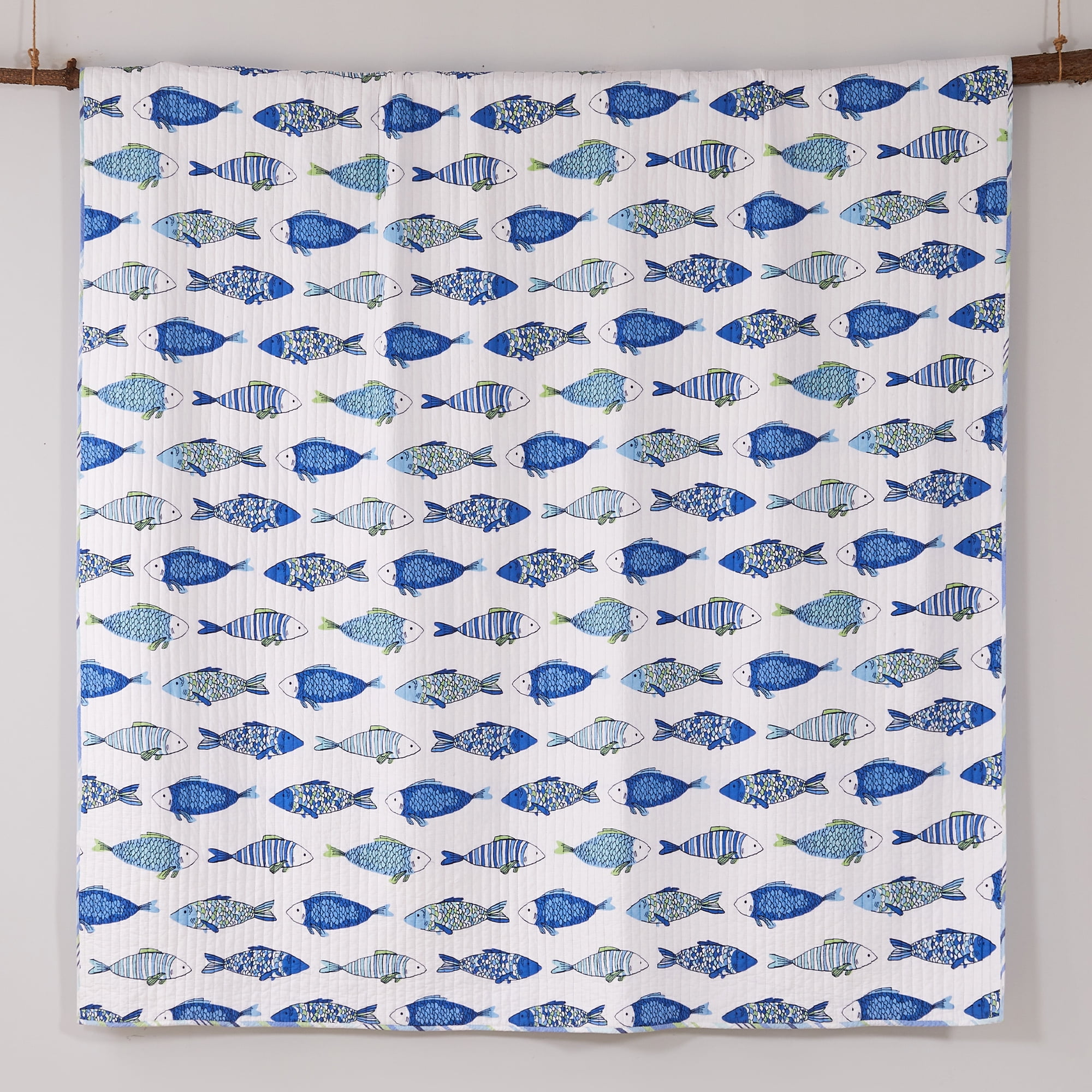 Levtex Home Catalina Fish Blue Striped Cotton Quilt, Full/Queen - Reversible