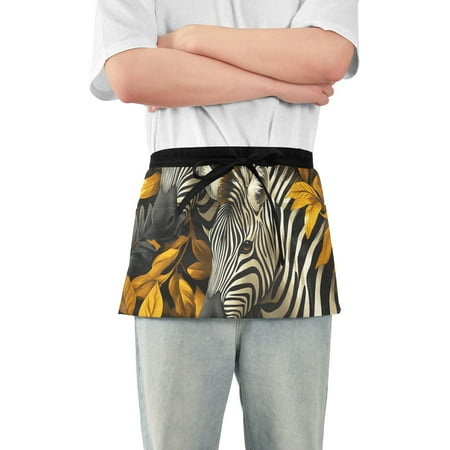 

Zebras and Leaves Waist Apron Adjustable Server Half Apron Kitchen Cooking with 3 Pockets for Men Women