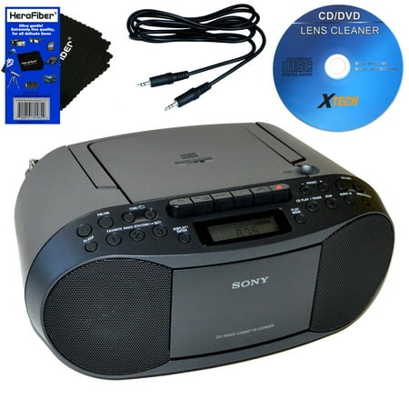 Sony CD Radio Cassette Recorder Boombox Bundled With AC Power Auxiliary Cable For IPods, IPhones, Smartphones, MP3 Players, Xtech CD Lens Cleaner & HeroFiber Ultra Gentle Cleaning