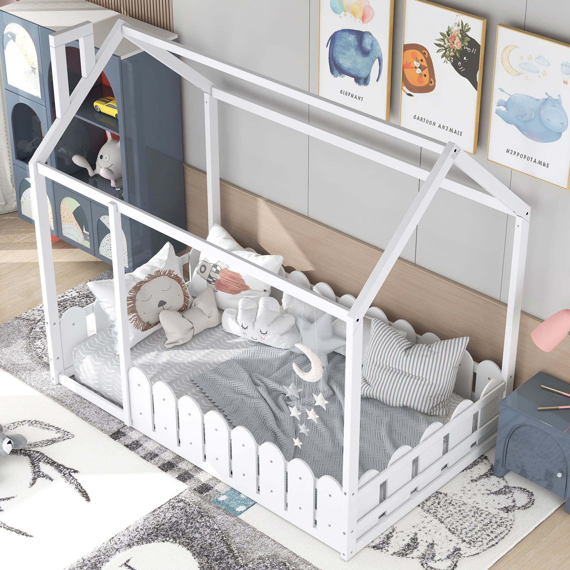 Alvantor Montessori Wood Bed Twin Size House Floor Bed with Fence Playhouse Bed Frame for Girls, Boys White