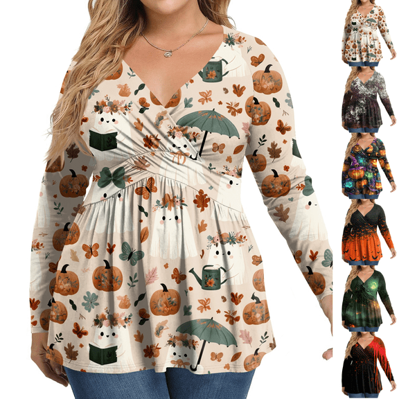 Fall Halloween Plus Size V Neck Wrap Flowy Graphic Long Sleeve Blouse Tops Dark Purple L