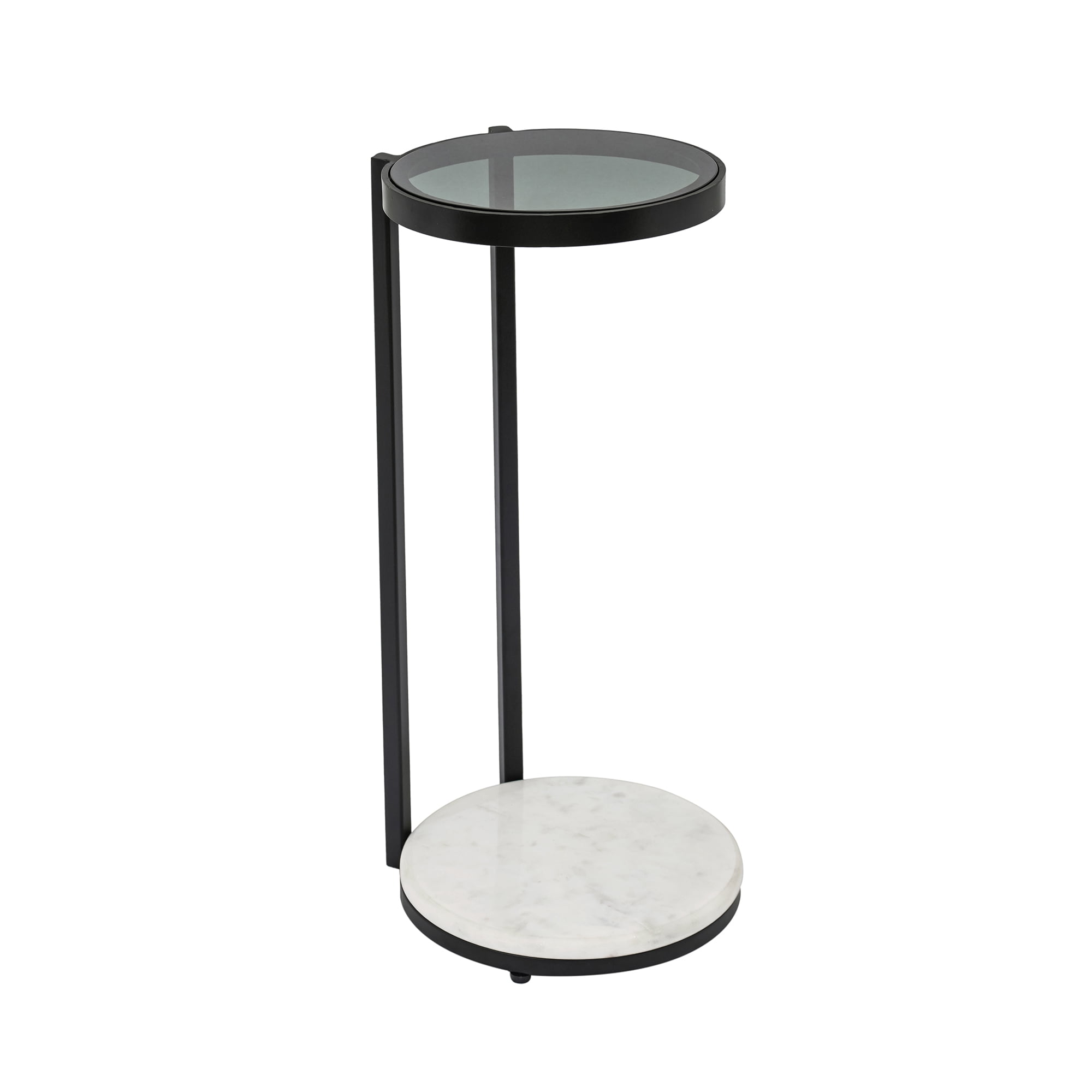 Modern Accent Side Table, Clear Glass Top with Black Metal Frame & White Marble Base, Compact 10×10×23.25 Inch Drink End Table for Living Room Bedroom