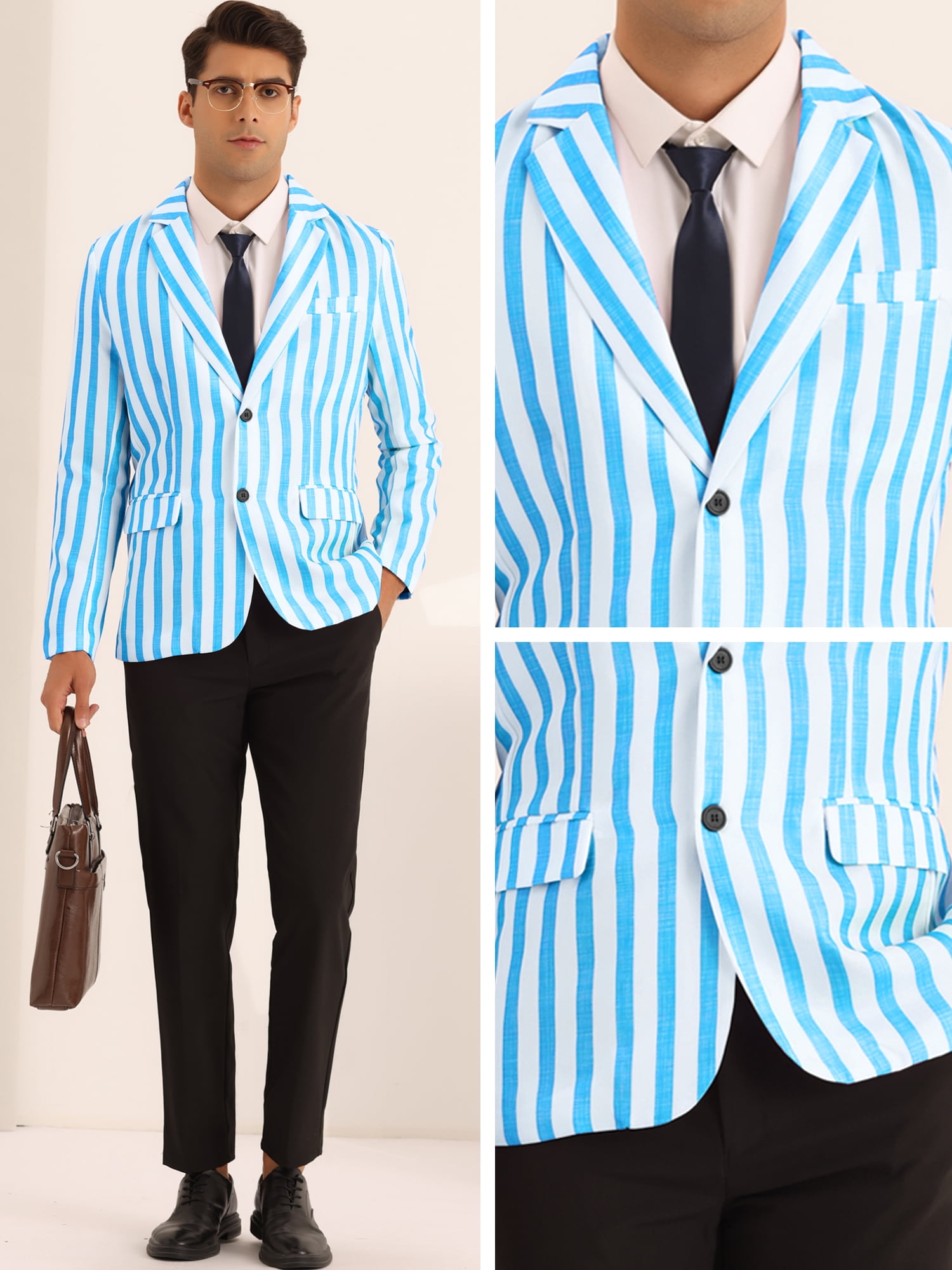 Unique Bargains Men's Sports Coat Notch Lapel Color Block Stripes Pattern Blazer M Blue