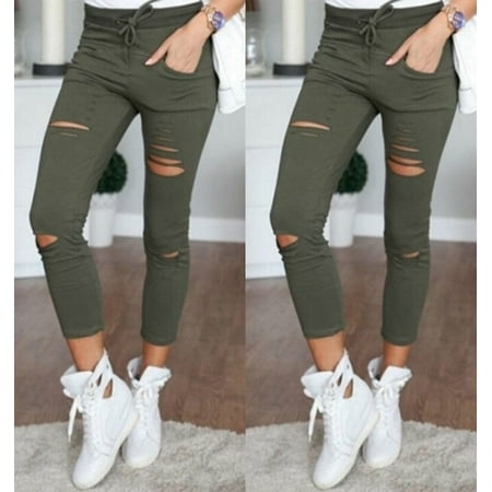Sexy Womens High Waisted Denim Stretch Jeans Destroy Skinny Ripped Distressed Pants Trousers S M L XL (White,Black,Army