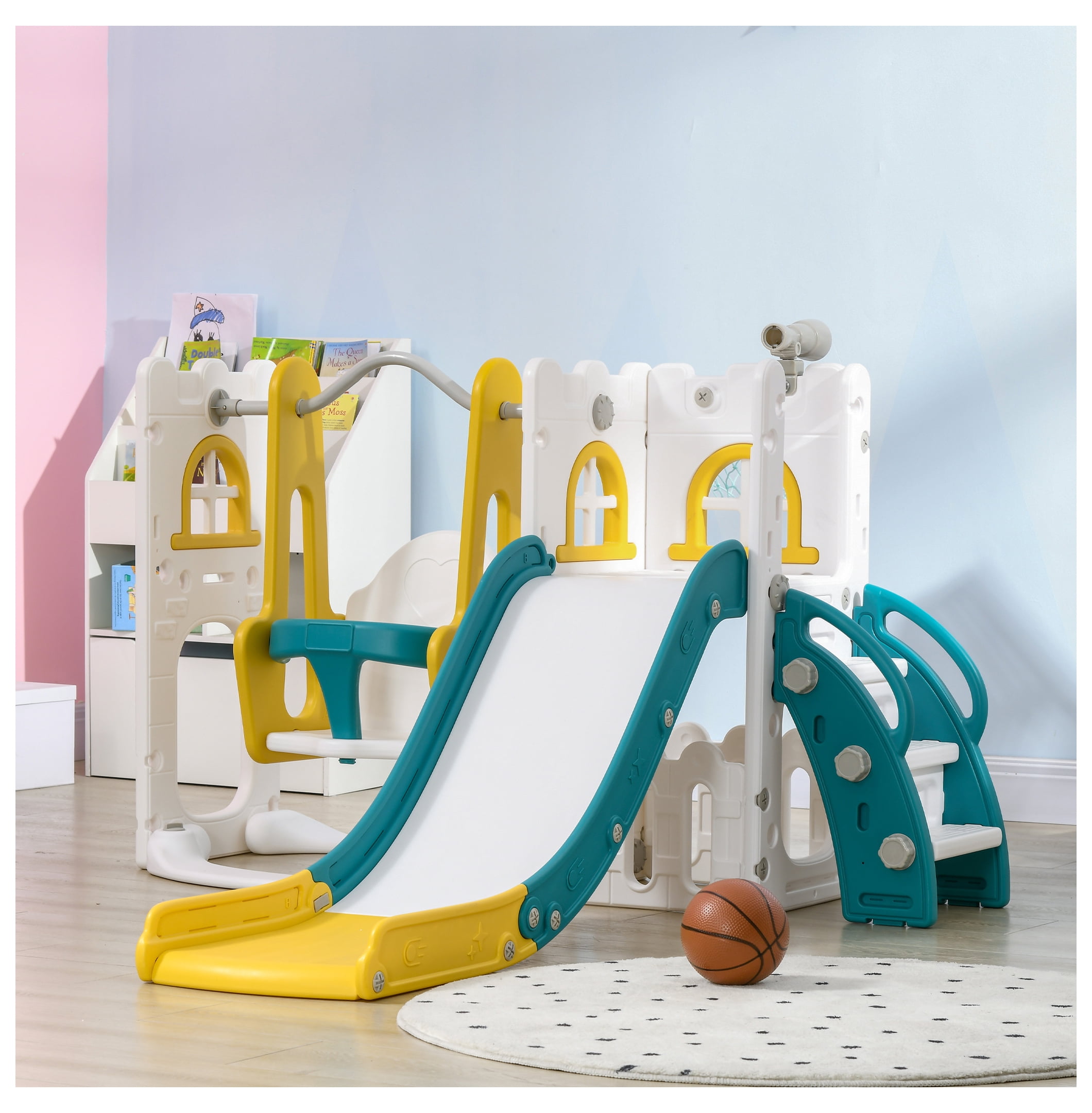 Qaba 6 in 1 Toddler Slide and Set, Baby Slide for Age 1-3 Years with Basketball Hoop, Climber, Storage Space, Telescope, Indoor , Yellow