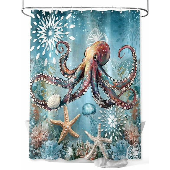 Ocean Octopus Shower Curtain, Sealife Marine Life Blue Coral Waterproof Shower Curtain Set with 12 Hooks Lightweight Washable Fabric Shower Curtains for Bathroom 60x72 Inches