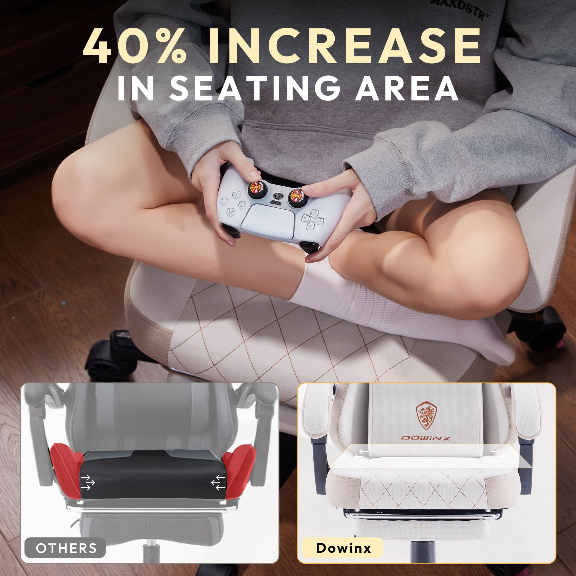 Dowinx Fabric Gaming Chair with Massage Lumbar Support, High Back Ergonomic Computer Chair with Footrest for Adult, Beige