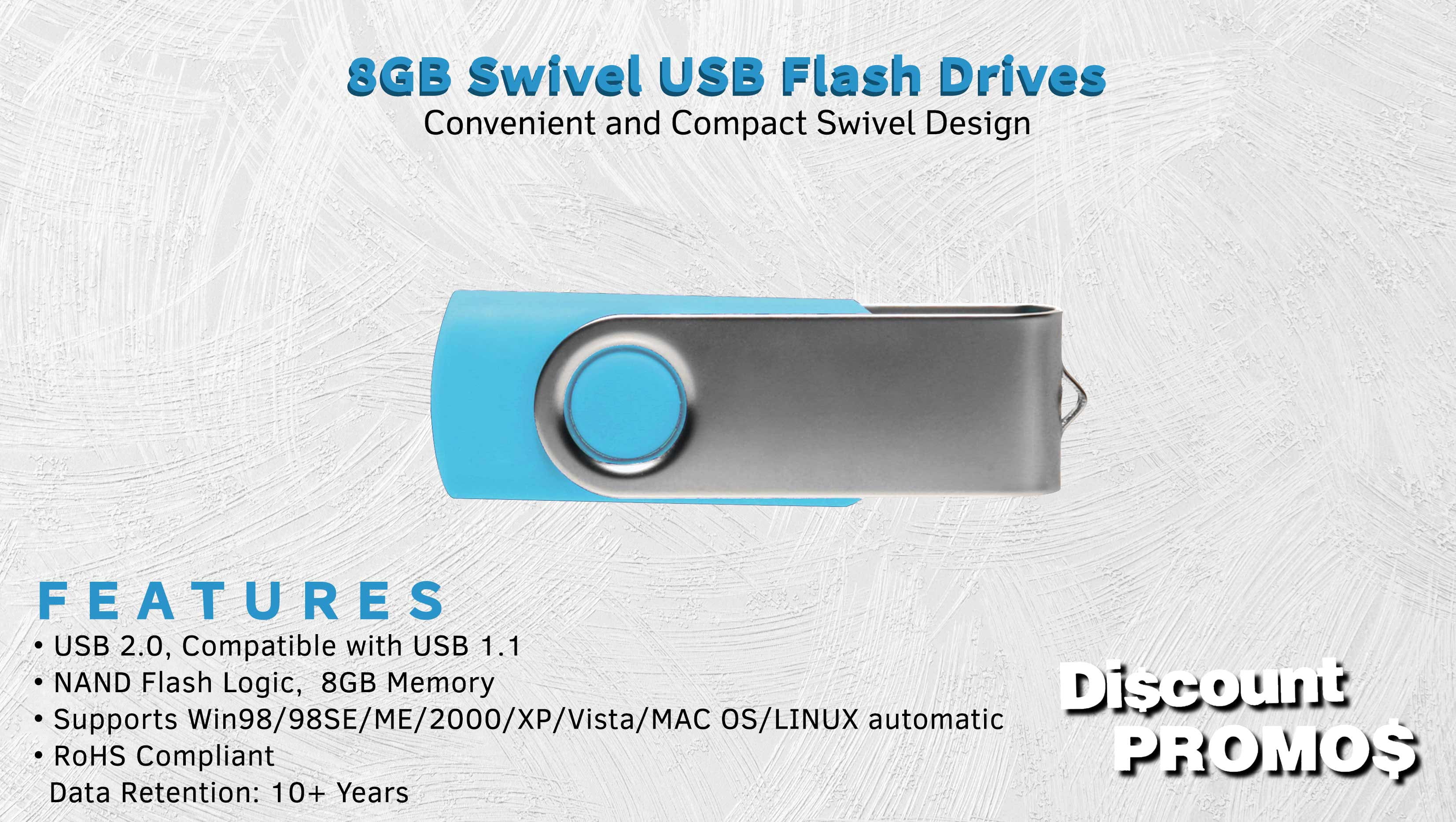 6 Swivel USB Flash Drives Pack, 8GB - Pocket size, Long Data Retention - Aqua