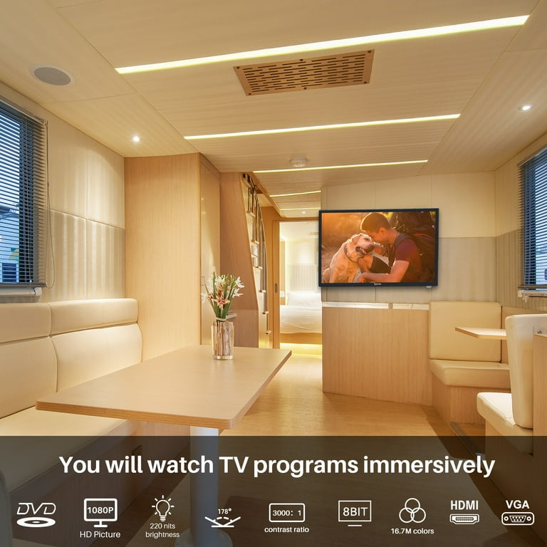 SYLVOX TV de 27 pulgadas de 12/24 voltios, TV Full HD RV TV, 1080P,  reproductor de disco de video digital integrado y radio FM, para el hogar