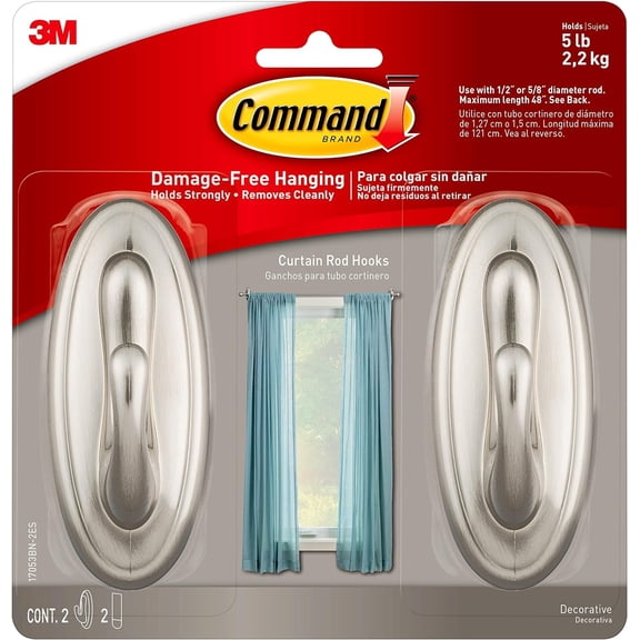 Command 17053BN-2ES Curtain Rod Hooks, Brushed Nickel, 2 Count