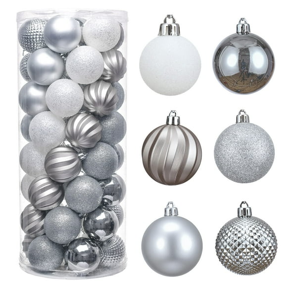 Valery Madelyn 50ct 60mm Frozen Winter Silver and White Christmas Ball Ornaments, Shatterproof Xmas Balls for Christmas Tree Decoration