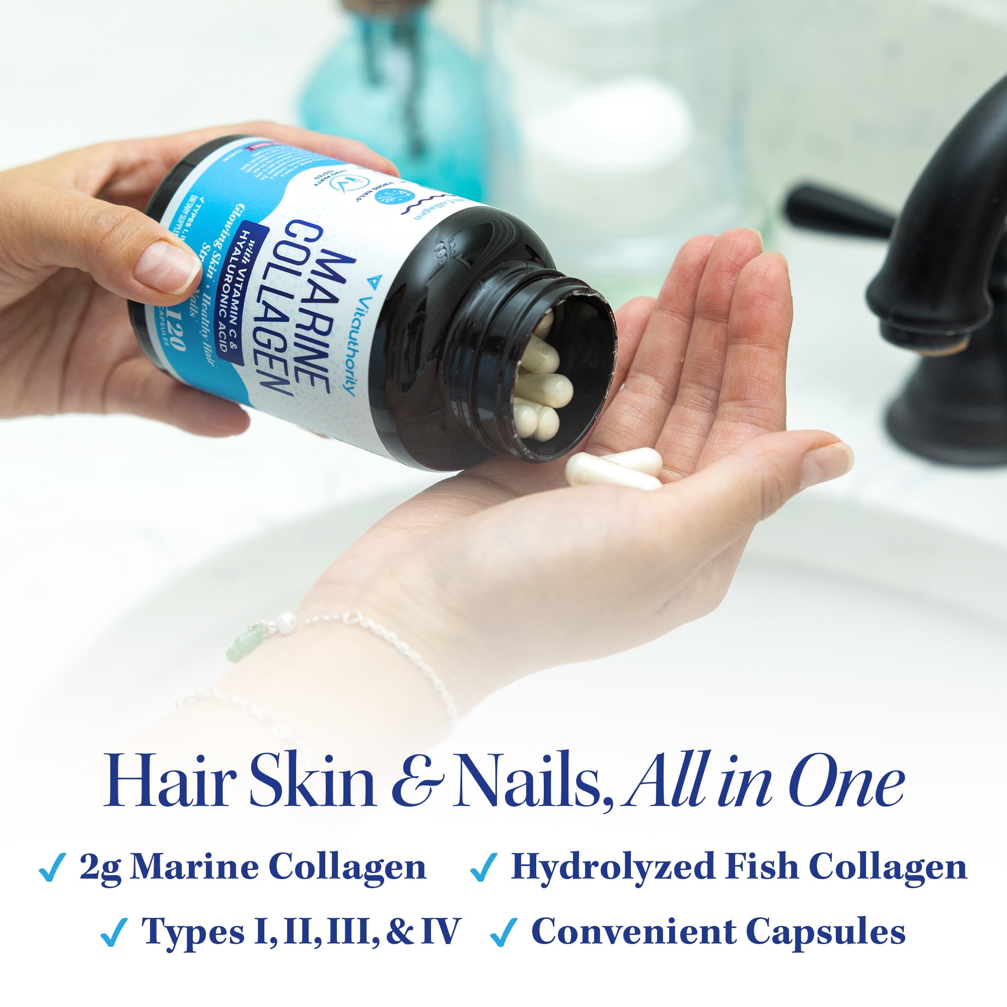 Marine Collagen Capsules Hyaluronic Acid & Vitamin C | Skin Elasticity, Hydration, Hair, Nail & Joint Support | Pescatarian-Friendly 30 Servings
