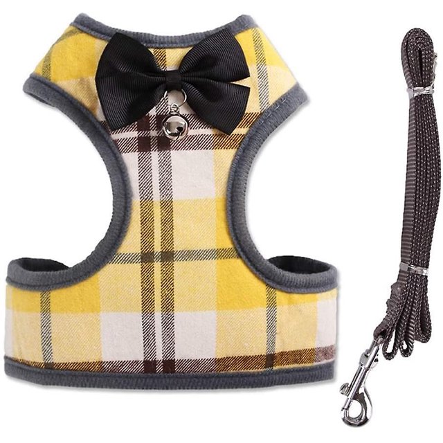 Arnés para mascotas + correa para mascotas-Juego clásico de arnés para cachorros de cuerda de plomo para perros pequeños gatos grandes (m, cuadros amarillos) Feliz Sencillez