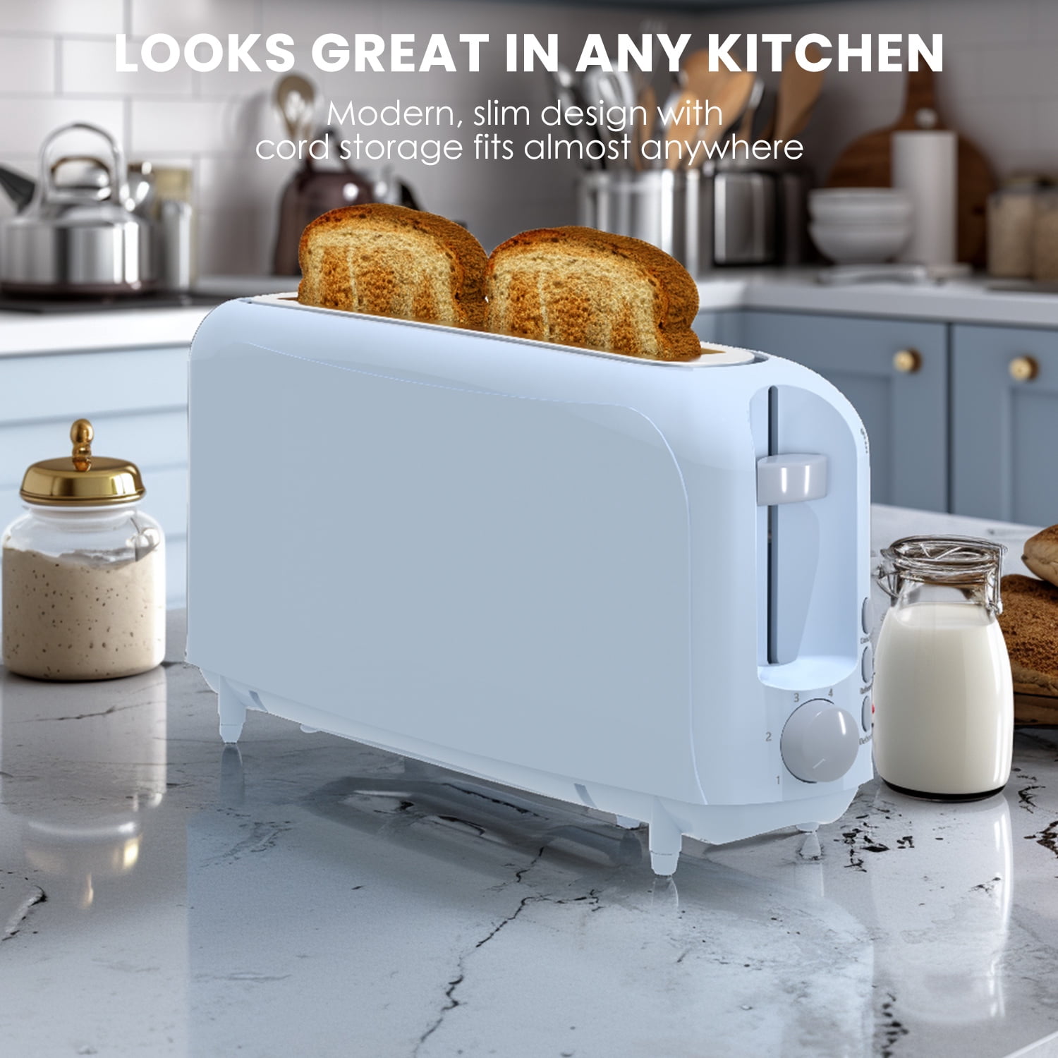Slim 2-Slice Toaster, 10" Long Slot,6 Shade Settings with Cancel, Reheat & Defrost, Auto Shut off, Removable Crumb Tray，Blue